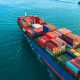 Aerial view of freight ship on the ocean