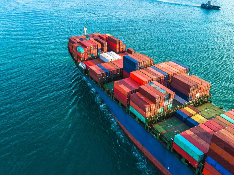 Aerial view of freight ship on the ocean