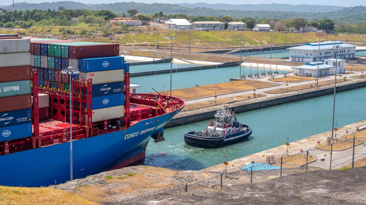 A picture of a shipping freight entering the Panama Canal