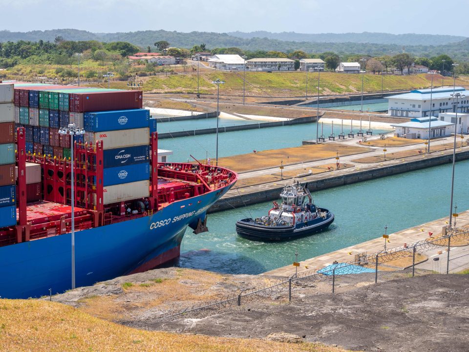 A picture of a shipping freight entering the Panama Canal